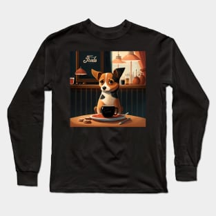 Super Cute Dog in French Bistro Coffee Illustration Long Sleeve T-Shirt